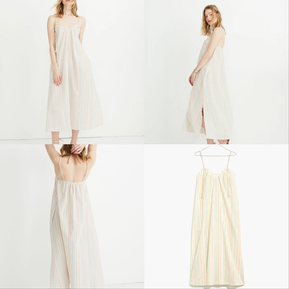 Madewell Cover-Up Maxi Dress Womens L Ivory Rainbow Stripe Tie-Strap Side Slit